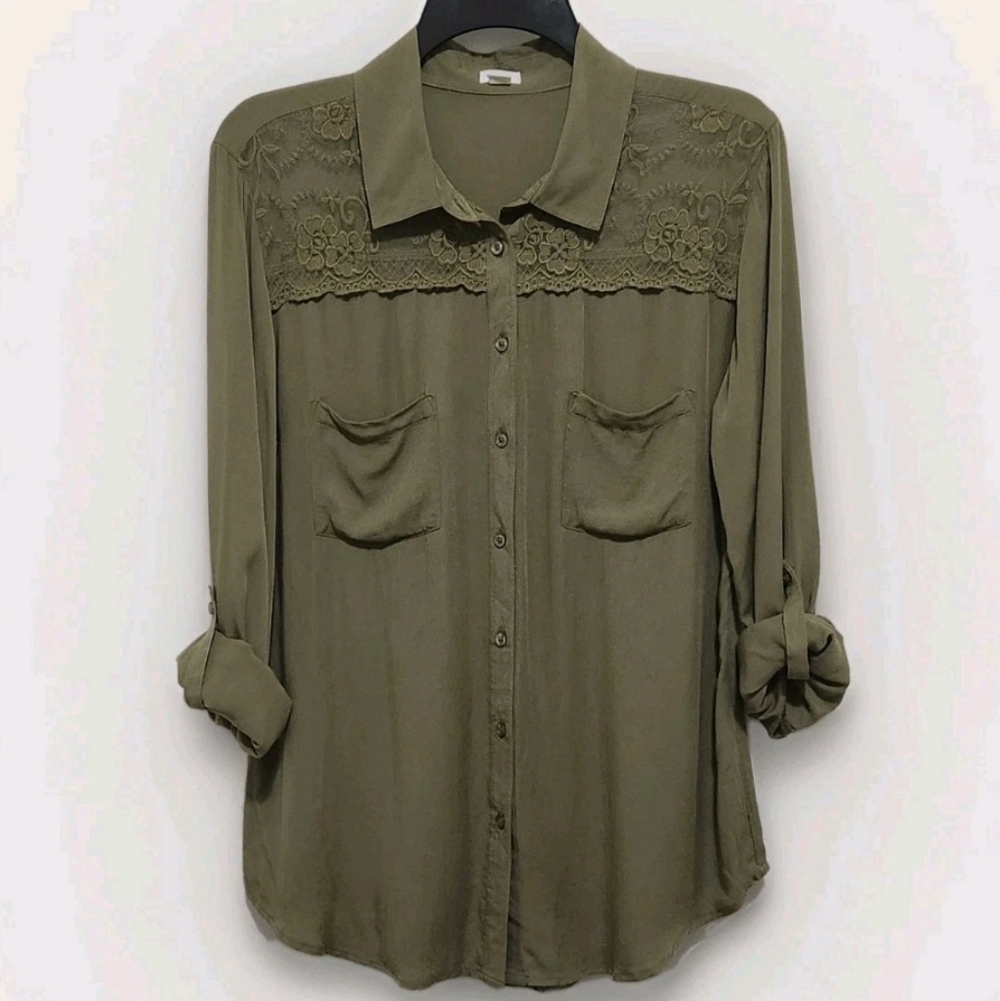 Garage Women's M Green Lace Yoke Roll Tab Sleeve Button Up Shirt Goblincore Boho